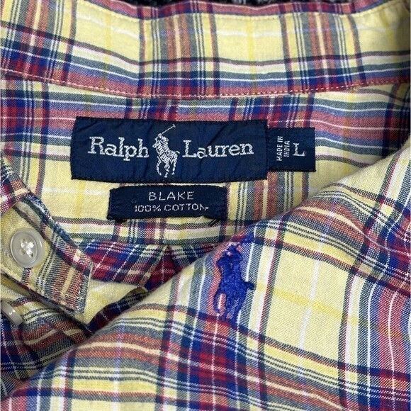 Polo Ralph Lauren Shirt Mens L Button Up Yellow Blue Red Plaid Blake Vintage 90s - Picture 1 of 7